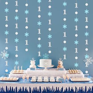 winter onederland 1st birthday hanging decorations for boy, blue glitter snowflake first birthday garland – circle dot ceiling streamers for one year winter wonderland anniversary