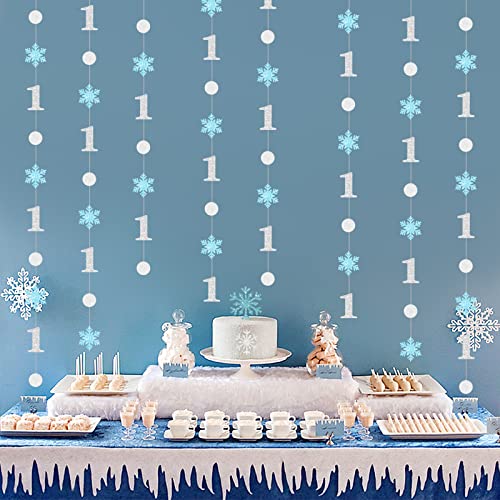 Winter Onederland 1st Birthday Hanging Decorations for Boy, Blue Glitter Snowflake First Birthday Garland - Circle Dot Ceiling Streamers for One Year Winter Wonderland Anniversary