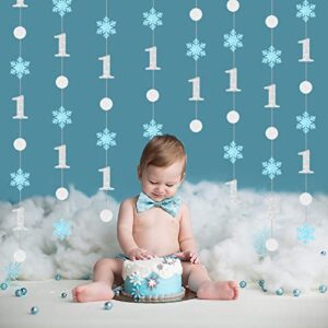 Winter Onederland 1st Birthday Hanging Decorations for Boy, Blue Glitter Snowflake First Birthday Garland - Circle Dot Ceiling Streamers for One Year Winter Wonderland Anniversary