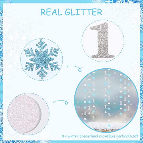 Winter Onederland 1st Birthday Hanging Decorations for Boy, Blue Glitter Snowflake First Birthday Garland - Circle Dot Ceiling Streamers for One Year Winter Wonderland Anniversary