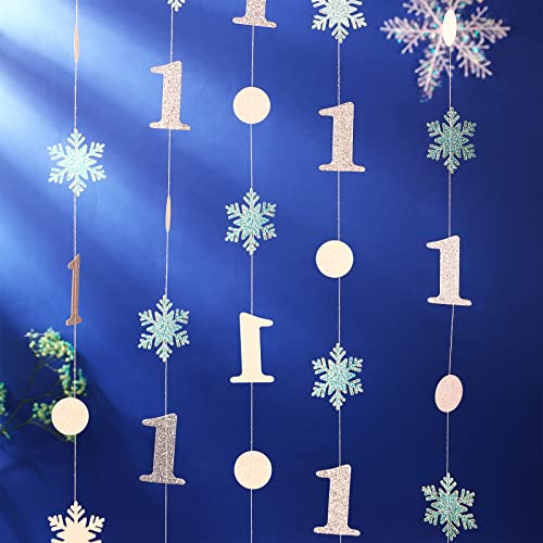 Winter Onederland 1st Birthday Hanging Decorations for Boy, Blue Glitter Snowflake First Birthday Garland - Circle Dot Ceiling Streamers for One Year Winter Wonderland Anniversary