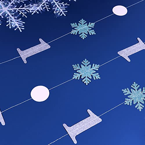 Winter Onederland 1st Birthday Hanging Decorations for Boy, Blue Glitter Snowflake First Birthday Garland - Circle Dot Ceiling Streamers for One Year Winter Wonderland Anniversary