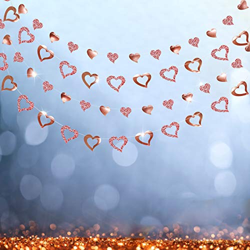 Glitter Rose Gold Heart Garland Shiny Valentines Day Decoration Mothers Day Banner Backdrop Hanging Decor for Engagement Bachelorette Wedding Bridal Shower Streamer Anniversary Party Supplies