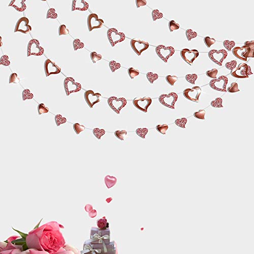 Glitter Rose Gold Heart Garland Shiny Valentines Day Decoration Mothers Day Banner Backdrop Hanging Decor for Engagement Bachelorette Wedding Bridal Shower Streamer Anniversary Party Supplies