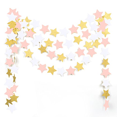 MOWO Paper Garland Twinkle Star Pink Gold Glitter and White 3'' Circle Decoration 2pc 20 feet in Total