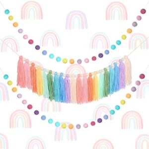 rainbow tassel garland colorful banner, 2 pcs pom pom garland felt ball garland, 6 sheets rainbow wall decals wall stickers for kids girls bedroom wall classroom decor birthday baby shower (cute)