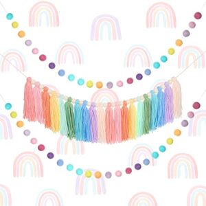 Rainbow Tassel Garland Colorful Banner, 2 Pcs Pom Pom Garland Felt Ball Garland, 6 Sheets Rainbow Wall Decals Wall Stickers for Kids Girls Bedroom Wall Classroom Decor Birthday Baby Shower (Cute)