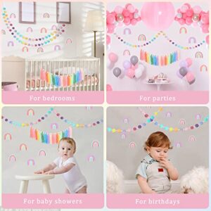 Rainbow Tassel Garland Colorful Banner, 2 Pcs Pom Pom Garland Felt Ball Garland, 6 Sheets Rainbow Wall Decals Wall Stickers for Kids Girls Bedroom Wall Classroom Decor Birthday Baby Shower (Cute)