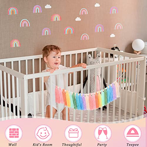 Rainbow Tassel Garland Colorful Banner, 2 Pcs Pom Pom Garland Felt Ball Garland, 6 Sheets Rainbow Wall Decals Wall Stickers for Kids Girls Bedroom Wall Classroom Decor Birthday Baby Shower (Cute)
