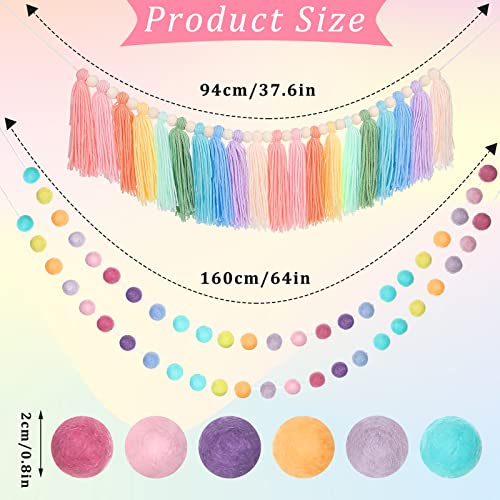 Rainbow Tassel Garland Colorful Banner, 2 Pcs Pom Pom Garland Felt Ball Garland, 6 Sheets Rainbow Wall Decals Wall Stickers for Kids Girls Bedroom Wall Classroom Decor Birthday Baby Shower (Cute)