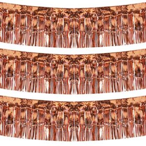 blukey 10 feet by 15 inch rose gold foil fringe garland – pack of 3 | shiny metallic tinsel banner | ideal for parade floats, bridal shower, wedding, birthday, christmas | wall hanging drapes