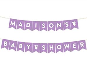 andaz press personalized girl baby shower hanging pennant garland party banner with string, lavender, madison’s baby shower, 8-feet, 1-set, custom name