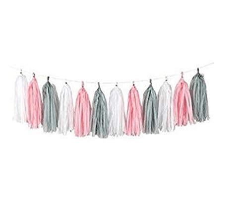 Girl Baby Shower Decorations Tassel Garland, Tissue Paper Tassels for Wedding, Baby Shower, Event & Party Supplies, 3 Pack 15 Pcs 14 inch DIY Kits - (Pink+Grey +White)