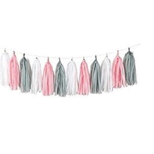 Girl Baby Shower Decorations Tassel Garland, Tissue Paper Tassels for Wedding, Baby Shower, Event & Party Supplies, 3 Pack 15 Pcs 14 inch DIY Kits - (Pink+Grey +White)