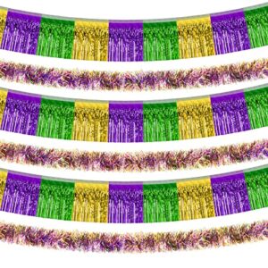 4 Pcs Mardi Gras Parade Car Decoration 6.56 ft Foil Fringe Garland 9.84 ft Gold Purple Green Metallic Tinsel Streamers Banner Wall Hanging Fringe Curtain Backdrop Banner for Mardi Gras Party Supplies