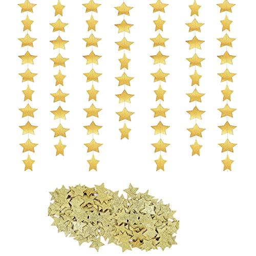 HBTPER 2 Pack Double Sided Gold Glitter Star Garland and 100 Pcs Gold Glitter Stars Confetti for Christmas Decor, Wedding Party Decor,Table Decor, Birthday Party or Gold Baby Shower Decorations