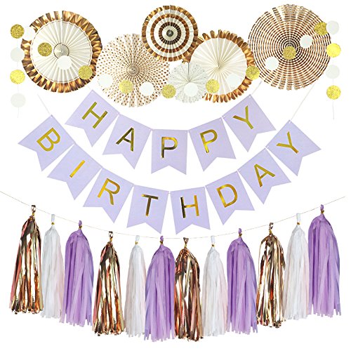 Monkey Home 20pcs of Tissue Paper Fans,Happy Birthday Banner Party Decorations Circle Dots,Paper Garland Tissue Paper Tassel for First Birthday Baby Shower Supplies (Rose Gold,Light Purple Theme)