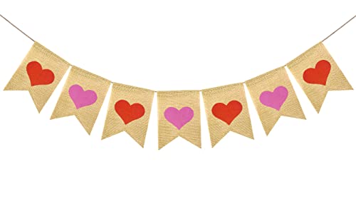 FAKTEEN Heart Banner Valentine's Day Decorations, Red Pink Hearts Garland Burlap Bunting for Wedding Bridal Shower Anniversary Party Décor