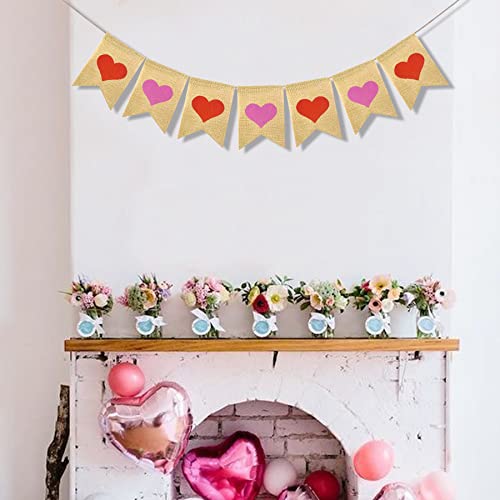 FAKTEEN Heart Banner Valentine's Day Decorations, Red Pink Hearts Garland Burlap Bunting for Wedding Bridal Shower Anniversary Party Décor