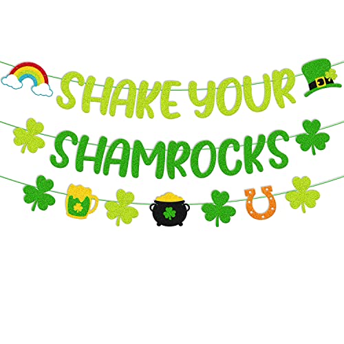 St Patrick Day Banner Shake Your Shamrocks Banner Happy St Patrick Party Garland Decoration Glitter Green Three Leaf Clover Shamrocks Garland for Irish Day Birthday Baby Shower Engagement Bridal Shower Bachelorette Party Anniversary Celebration Supplies