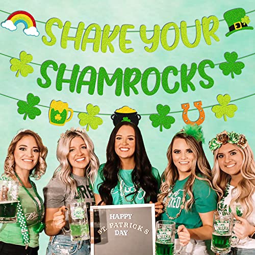 St Patrick Day Banner Shake Your Shamrocks Banner Happy St Patrick Party Garland Decoration Glitter Green Three Leaf Clover Shamrocks Garland for Irish Day Birthday Baby Shower Engagement Bridal Shower Bachelorette Party Anniversary Celebration Supplies