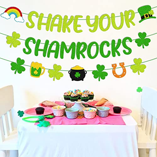 St Patrick Day Banner Shake Your Shamrocks Banner Happy St Patrick Party Garland Decoration Glitter Green Three Leaf Clover Shamrocks Garland for Irish Day Birthday Baby Shower Engagement Bridal Shower Bachelorette Party Anniversary Celebration Supplies