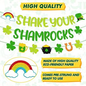 St Patrick Day Banner Shake Your Shamrocks Banner Happy St Patrick Party Garland Decoration Glitter Green Three Leaf Clover Shamrocks Garland for Irish Day Birthday Baby Shower Engagement Bridal Shower Bachelorette Party Anniversary Celebration Supplies