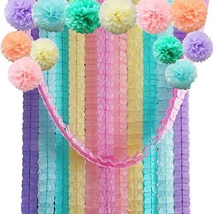 Four Leaf Tissue Paper Garland with Tissue Pom Poms Flowers Streamer Backdrop for Birthday Party Decorations, 24 Pack