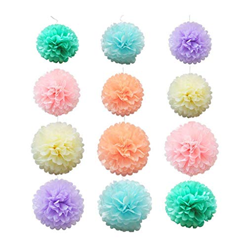 Four Leaf Tissue Paper Garland with Tissue Pom Poms Flowers Streamer Backdrop for Birthday Party Decorations, 24 Pack