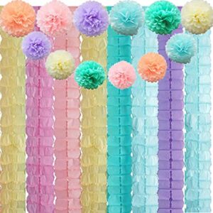 Four Leaf Tissue Paper Garland with Tissue Pom Poms Flowers Streamer Backdrop for Birthday Party Decorations, 24 Pack