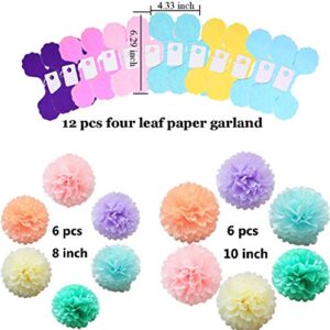 Four Leaf Tissue Paper Garland with Tissue Pom Poms Flowers Streamer Backdrop for Birthday Party Decorations, 24 Pack