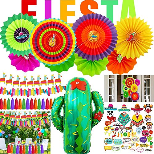Fiesta Party Decorations Cactus Balloons Hanging Paper Fans Mexican Llama Banner Garland Tassel Garland Backdrop String for Bachelorette Kids Taco Cinco De Mayo Supplies