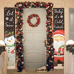 2 pieces christmas porch signs indoor outdoor merry christmas welcome banner xmas porch hanging door decoration santa clause and snowman hanging banners for home wall door holiday party decor