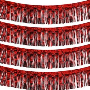 blukey 10 feet by 15 inch red foil fringe garland – pack of 4 | shiny metallic tinsel banner | ideal for parade floats, bridal shower, bachelorette, wedding, birthday, christmas | wall hanging drapes