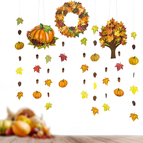 6 pcs Fall Pumpkin Leaf Garlands for Fall Party Decoration Thanksgiving Decor Autumn Birthday Banner Maple Leaves Hanging Garland Streamer Backdrop for Wedding Bridal Baby Shower Party Supplies