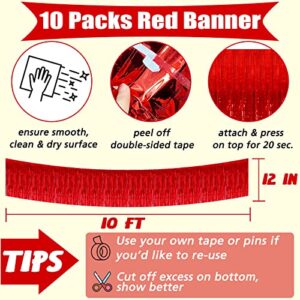 10 Pack 10 Feet Red Foil Fringe Garland Metallic Tassle Banner Wall Hanging Tinsel Streamers Backdrop for Parade Floats, Bachelorette, Wedding, Birthday, Halloween, Christmas Party Decorations