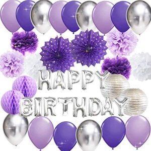 Purple Silver Birthday Decorations for Women Purple Silver Happy Birthday Balloons Latex Balloons Polka Dot Paper Fans/ Women's 30th/40th/50th/60th Birthday/Purple Birthday Decorations