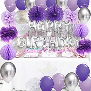 Purple Silver Birthday Decorations for Women Purple Silver Happy Birthday Balloons Latex Balloons Polka Dot Paper Fans/ Women's 30th/40th/50th/60th Birthday/Purple Birthday Decorations