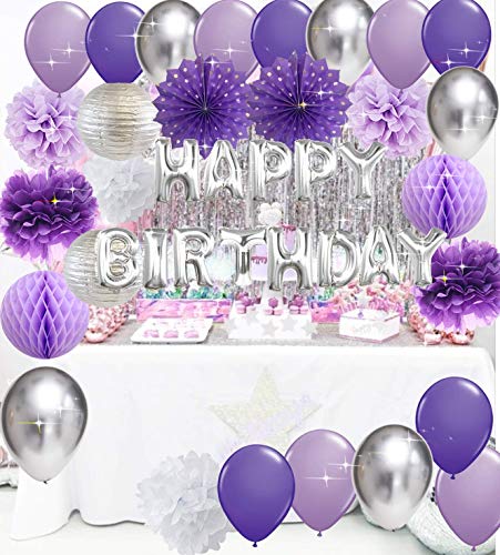 Purple Silver Birthday Decorations for Women Purple Silver Happy Birthday Balloons Latex Balloons Polka Dot Paper Fans/ Women's 30th/40th/50th/60th Birthday/Purple Birthday Decorations