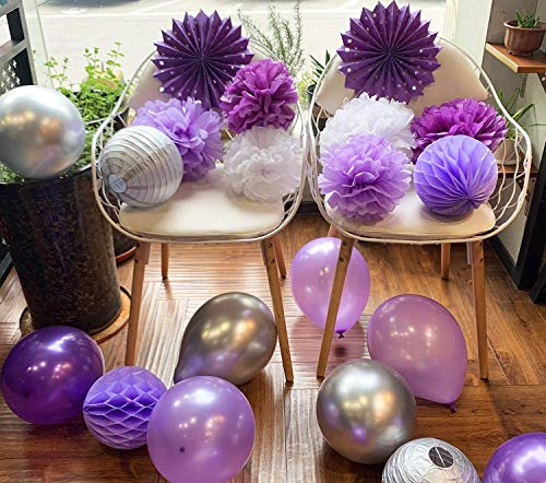 Purple Silver Birthday Decorations for Women Purple Silver Happy Birthday Balloons Latex Balloons Polka Dot Paper Fans/ Women's 30th/40th/50th/60th Birthday/Purple Birthday Decorations