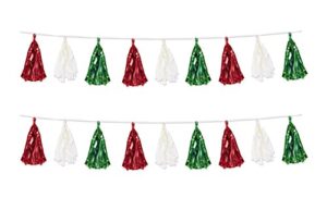 beistle 2 piece metallic & tissue tassel garland, 9.75″ x 8′, red/white/green