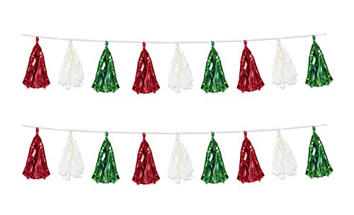 Beistle 2 Piece Metallic & Tissue Tassel Garland, 9.75" x 8', Red/White/Green