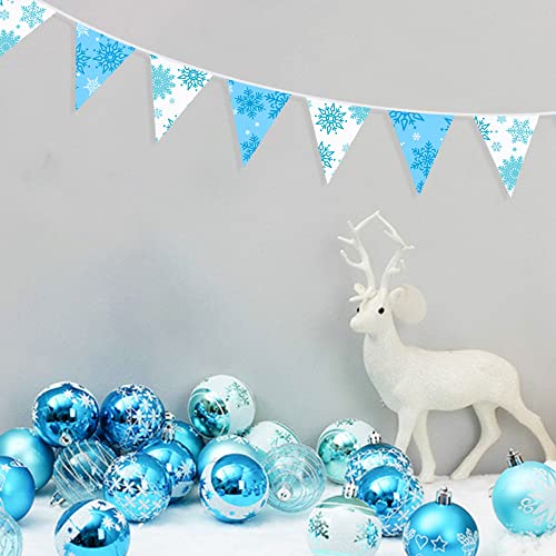 32Ft Blue and White Snowflakes Banner Triangle Flag Pennant Bunting Fabric Garland Streamers for Winter Wonderland Christmas Frozen Birthday X-mas New Years Party Festivals Hanging Decorations