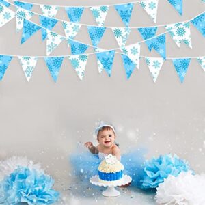 32Ft Blue and White Snowflakes Banner Triangle Flag Pennant Bunting Fabric Garland Streamers for Winter Wonderland Christmas Frozen Birthday X-mas New Years Party Festivals Hanging Decorations