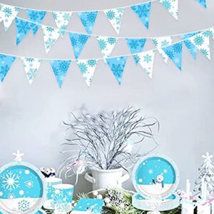 32Ft Blue and White Snowflakes Banner Triangle Flag Pennant Bunting Fabric Garland Streamers for Winter Wonderland Christmas Frozen Birthday X-mas New Years Party Festivals Hanging Decorations