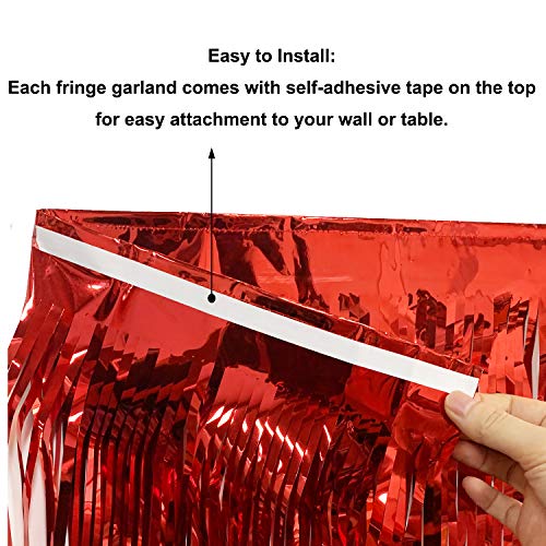 Blukey 10 Feet by 15 Inch Red Foil Fringe Garland - Pack of 5 | Shiny Metallic Tinsel Banner | Ideal for Parade Floats, Bridal Shower, Bachelorette, Wedding, Birthday, Christmas | Wall Hanging Drapes