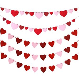 felt heart garland banner, 5 sets heart valentines day decor, diy valentines home decorations, anniversary, wedding, birthday party supplies – red, rose red and light pink