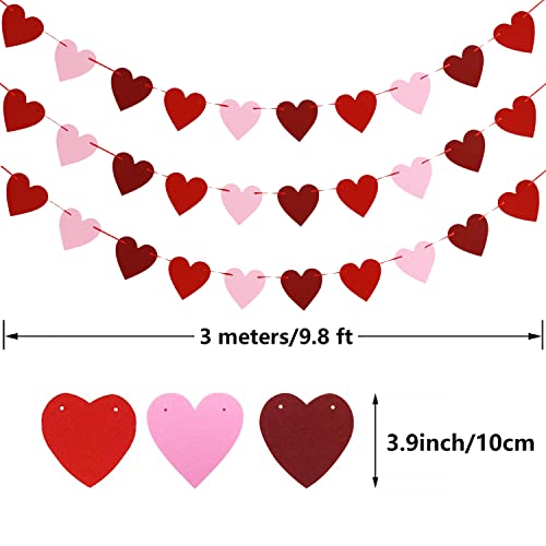 Felt Heart Garland Banner, 5 Sets Heart Valentines Day Decor, DIY Valentines Home Decorations, Anniversary, Wedding, Birthday Party Supplies - Red, Rose Red and Light Pink