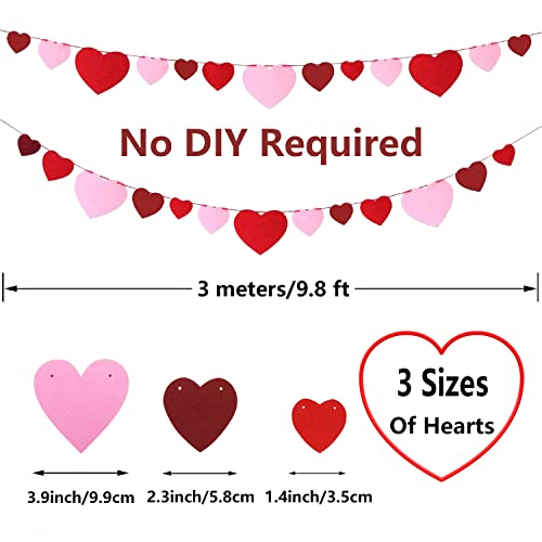 Felt Heart Garland Banner, 5 Sets Heart Valentines Day Decor, DIY Valentines Home Decorations, Anniversary, Wedding, Birthday Party Supplies - Red, Rose Red and Light Pink