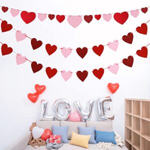 Felt Heart Garland Banner, 5 Sets Heart Valentines Day Decor, DIY Valentines Home Decorations, Anniversary, Wedding, Birthday Party Supplies - Red, Rose Red and Light Pink